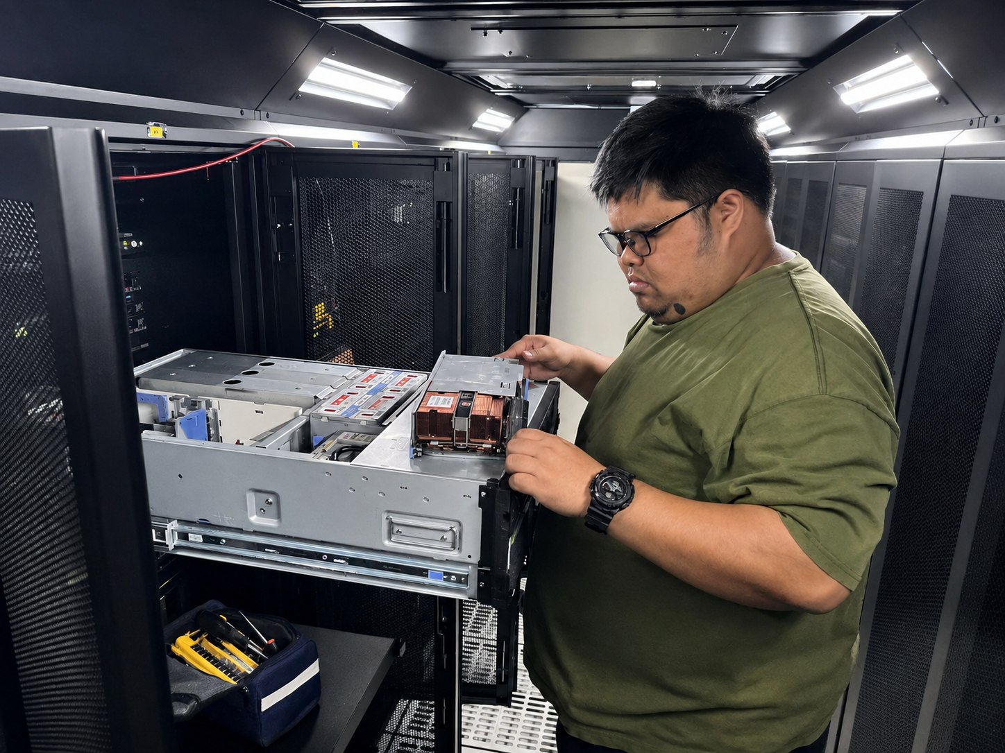 Crossroad technician maintaining server hardware