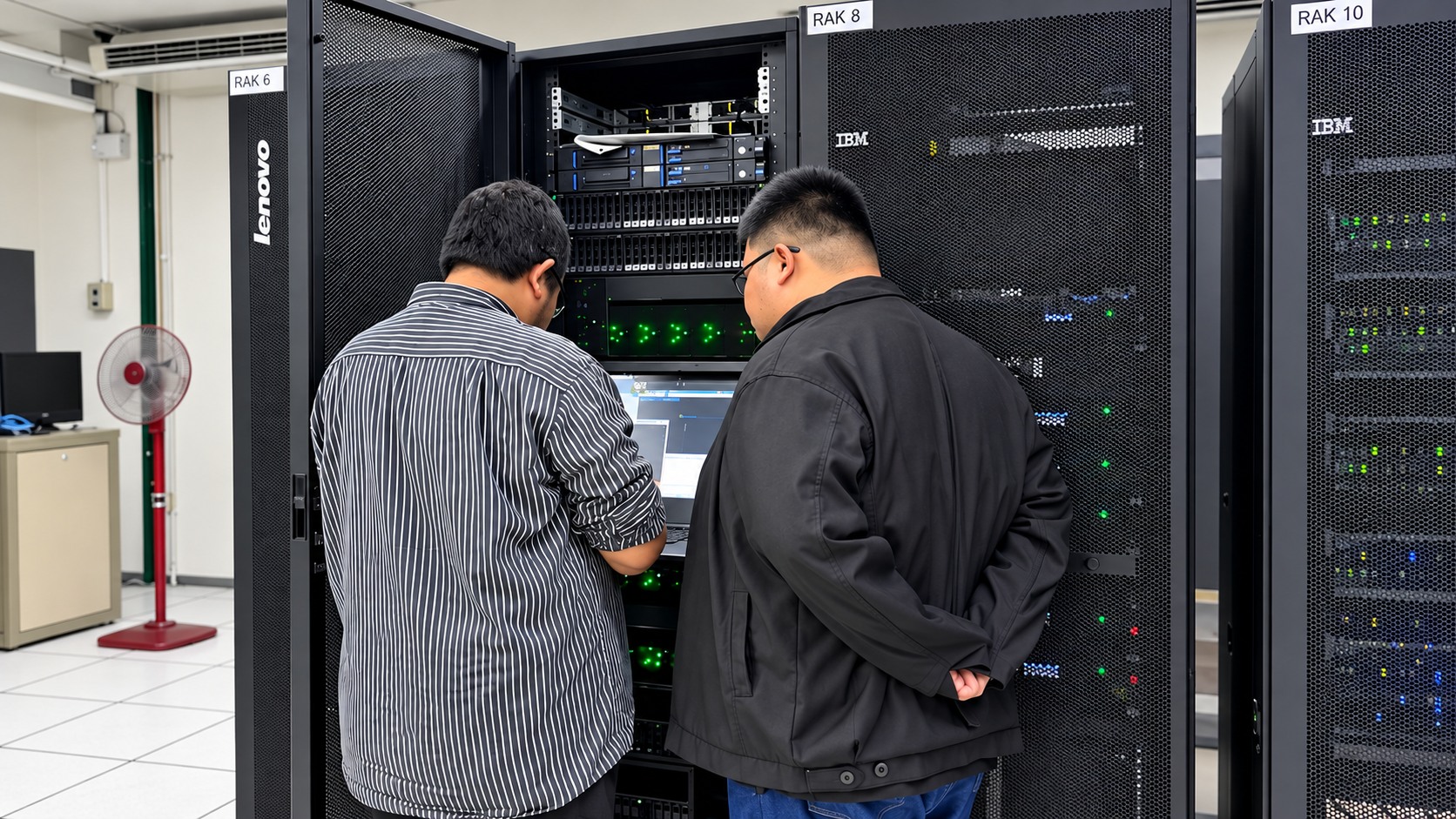 Team checking server rack equipment onsite