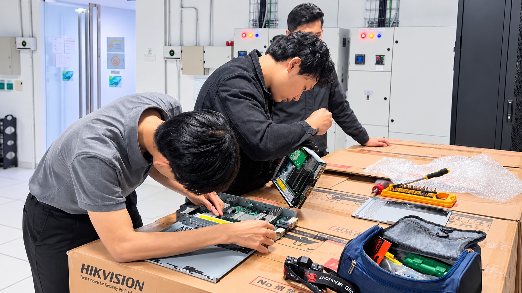 Technicians assembling and servicing hardware