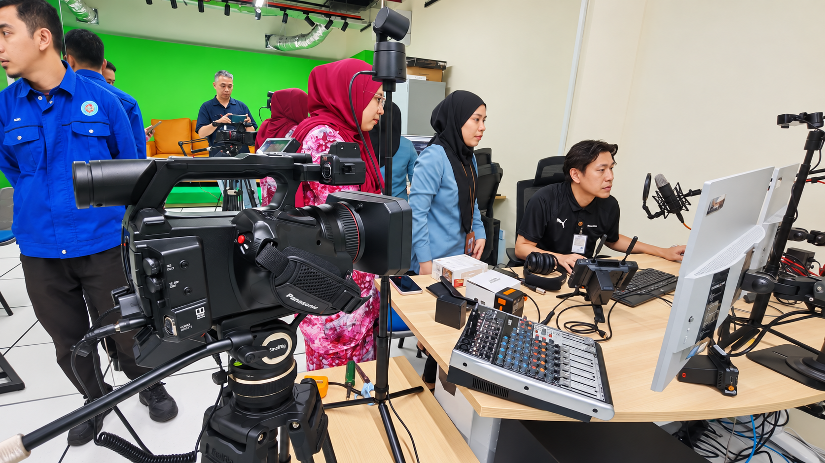Users operating cameras, audio equipment and computers inside the completed studio